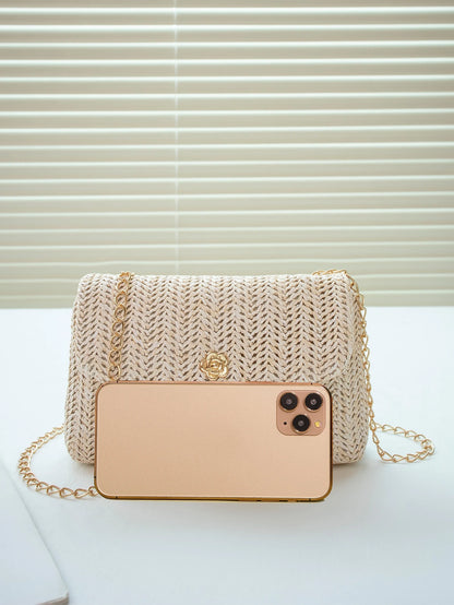 Mini Fashionable Straw Material Flap Chain Crossbody Bag, Women's Shoulder Sling Purse For Phone
