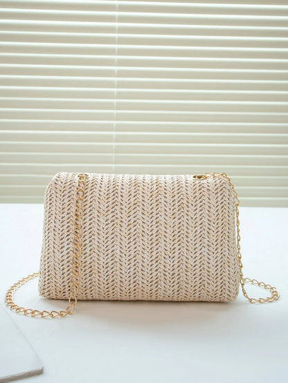 Mini Fashionable Straw Material Flap Chain Crossbody Bag, Women's Shoulder Sling Purse For Phone