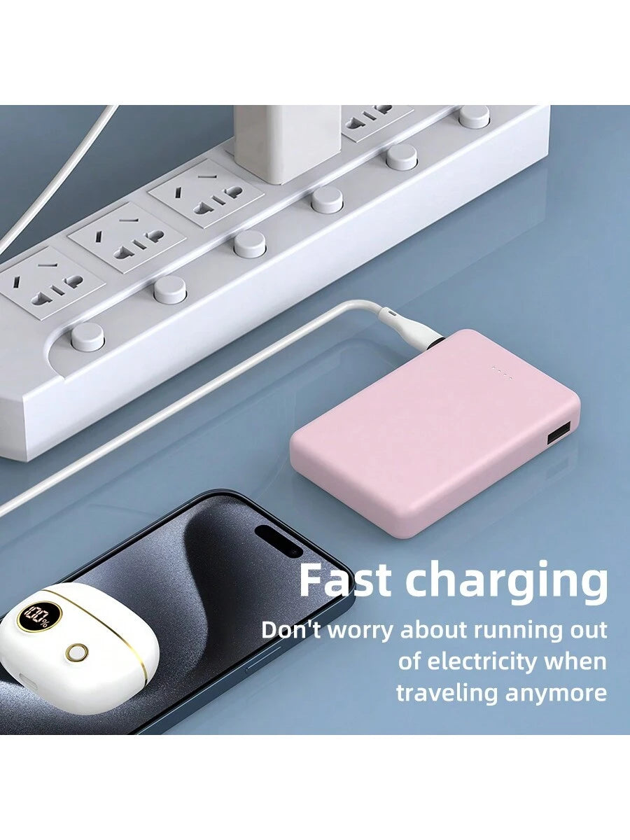 Mini Portable Mobile Phone Power Bank Charger 5000mAh, Input Type-C, USB C Block,4-USB Output Built-In Type-C Cable, Micro Cable, Suitable For IOS Cable Charging, USB-A Output Interface, For IOS And
