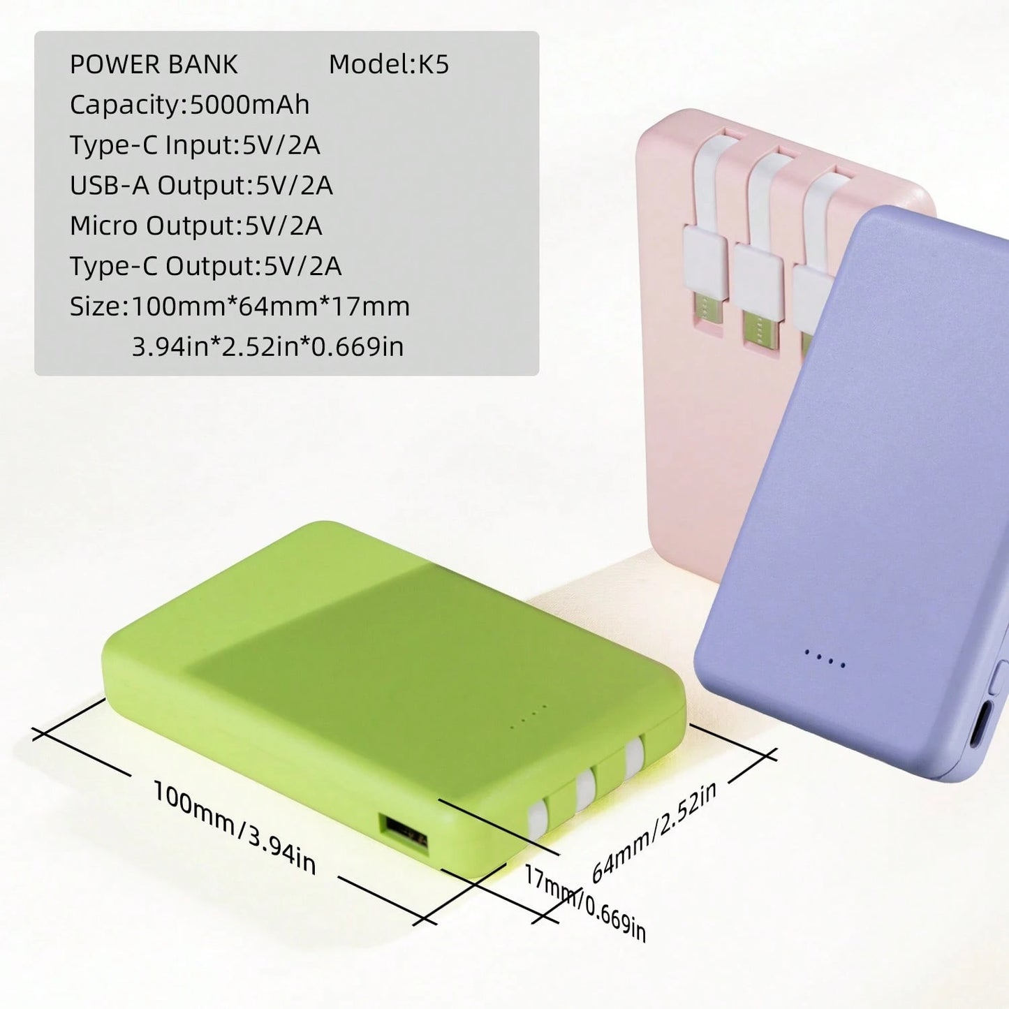 Mini Portable Mobile Phone Power Bank Charger 5000mAh, Input Type-C, USB C Block,4-USB Output Built-In Type-C Cable, Micro Cable, Suitable For IOS Cable Charging, USB-A Output Interface, For IOS And