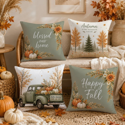 Minimalist Daily Autumn Forest Pumpkin Truck Cushion Cover 4-Piece Set, Single-Sided Printed Peach Skin Velvet Polyester Material, 45*45/50*50CM Pillow Covers Suitable For Room Decoration, Modern Mini