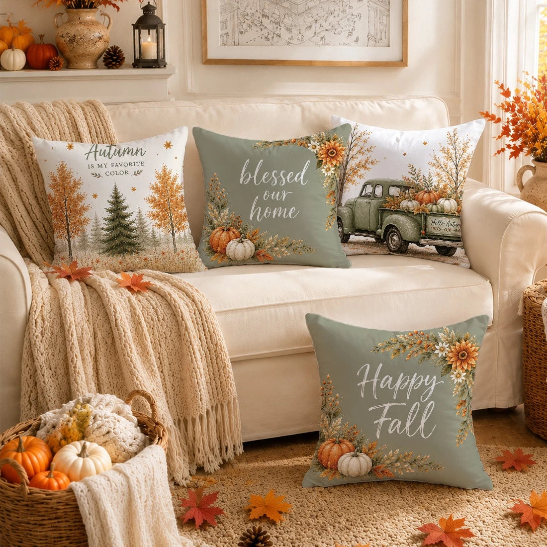 Minimalist Daily Autumn Forest Pumpkin Truck Cushion Cover 4-Piece Set, Single-Sided Printed Peach Skin Velvet Polyester Material, 45*45/50*50CM Pillow Covers Suitable For Room Decoration, Modern Mini
