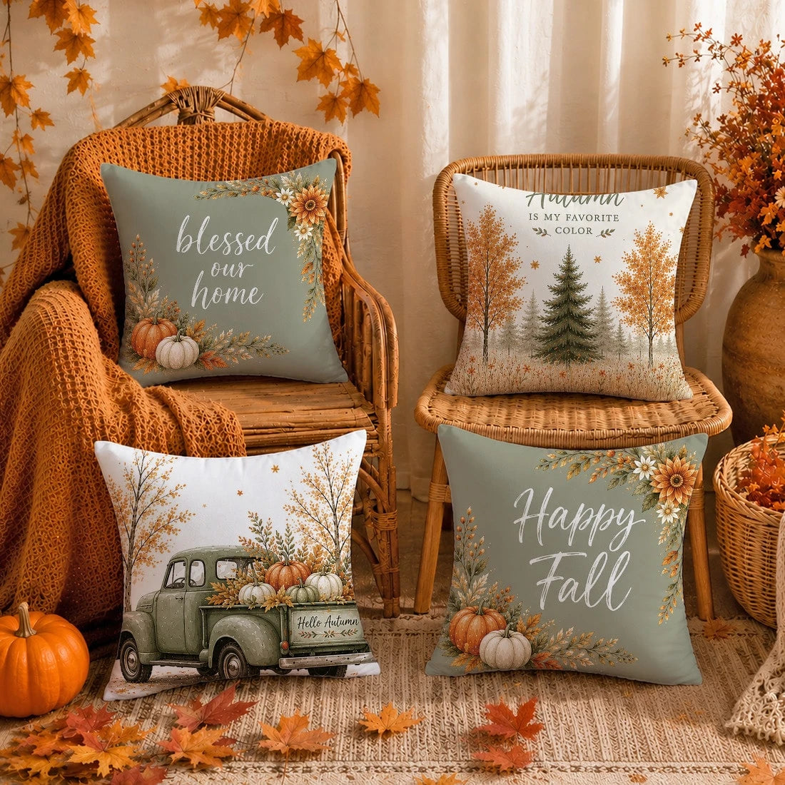 Minimalist Daily Autumn Forest Pumpkin Truck Cushion Cover 4-Piece Set, Single-Sided Printed Peach Skin Velvet Polyester Material, 45*45/50*50CM Pillow Covers Suitable For Room Decoration, Modern Mini