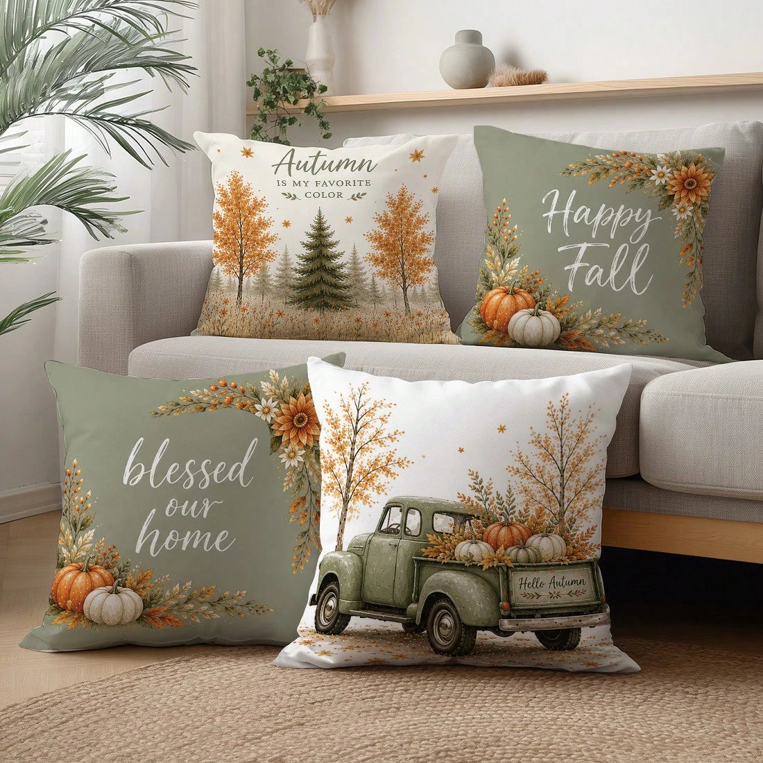 Minimalist Daily Autumn Forest Pumpkin Truck Cushion Cover 4-Piece Set, Single-Sided Printed Peach Skin Velvet Polyester Material, 45*45/50*50CM Pillow Covers Suitable For Room Decoration, Modern Mini