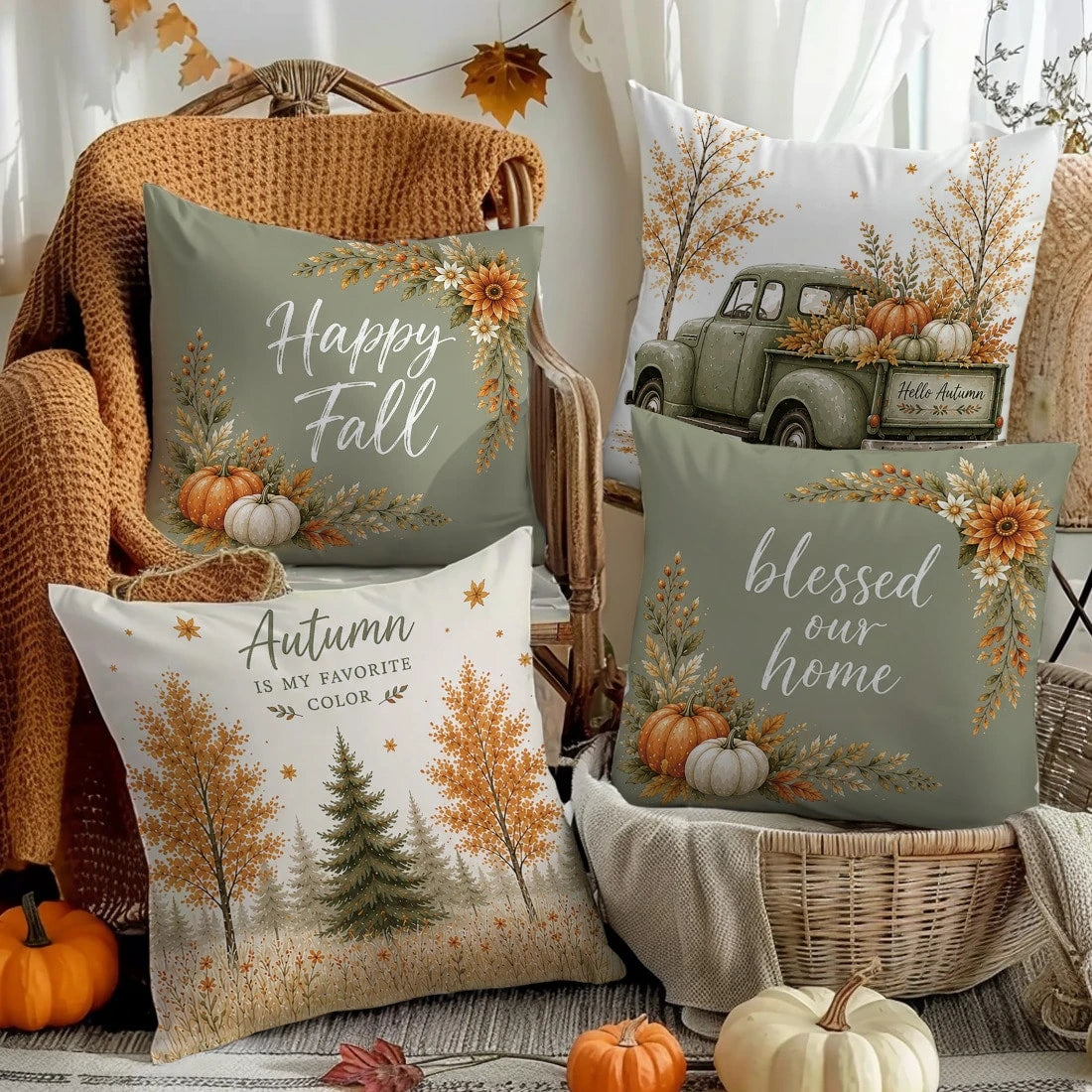 Minimalist Daily Autumn Forest Pumpkin Truck Cushion Cover 4-Piece Set, Single-Sided Printed Peach Skin Velvet Polyester Material, 45*45/50*50CM Pillow Covers Suitable For Room Decoration, Modern Mini