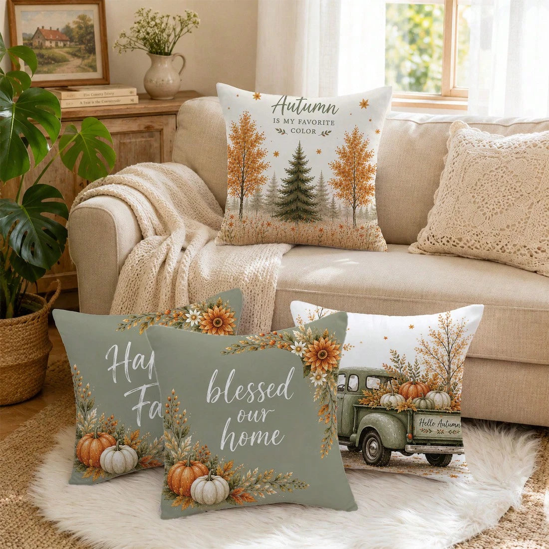 Minimalist Daily Autumn Forest Pumpkin Truck Cushion Cover 4-Piece Set, Single-Sided Printed Peach Skin Velvet Polyester Material, 45*45/50*50CM Pillow Covers Suitable For Room Decoration, Modern Mini