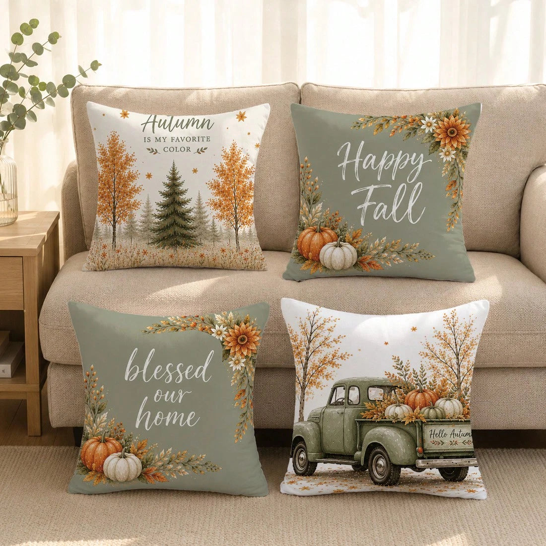 Minimalist Daily Autumn Forest Pumpkin Truck Cushion Cover 4-Piece Set, Single-Sided Printed Peach Skin Velvet Polyester Material, 45*45/50*50CM Pillow Covers Suitable For Room Decoration, Modern Mini