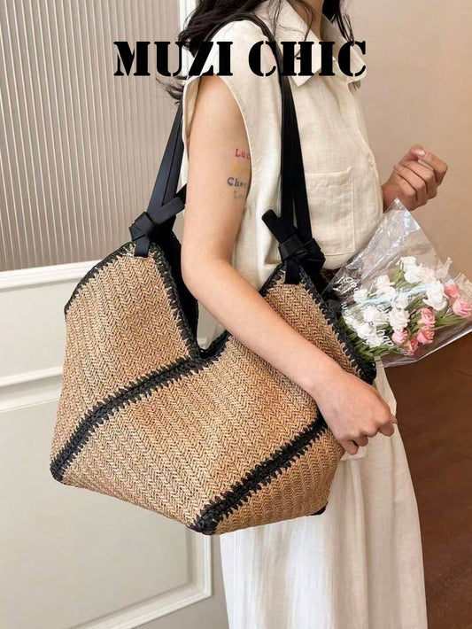 Minimalist Raffia Woven Daily Tote Bag With Spacious Interior And Comfortable Handles, Perfect For Work, Errands Or Beach Vacation, Blending Natural Texture With Everyday Functionality