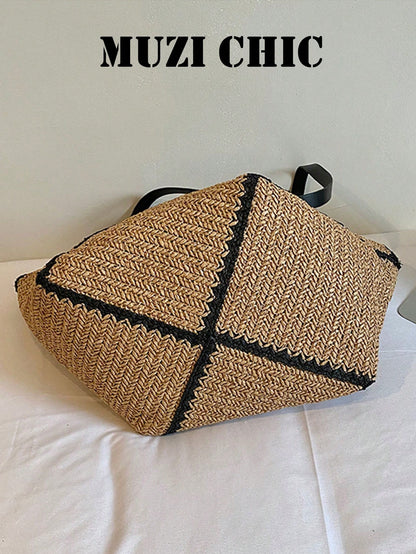 Minimalist Raffia Woven Daily Tote Bag With Spacious Interior And Comfortable Handles, Perfect For Work, Errands Or Beach Vacation, Blending Natural Texture With Everyday Functionality
