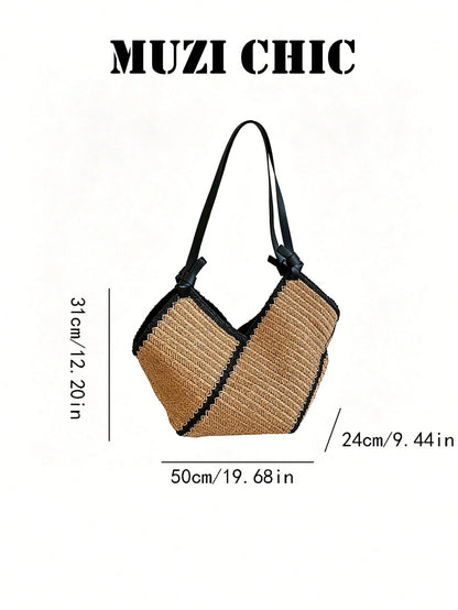 Minimalist Raffia Woven Daily Tote Bag With Spacious Interior And Comfortable Handles, Perfect For Work, Errands Or Beach Vacation, Blending Natural Texture With Everyday Functionality