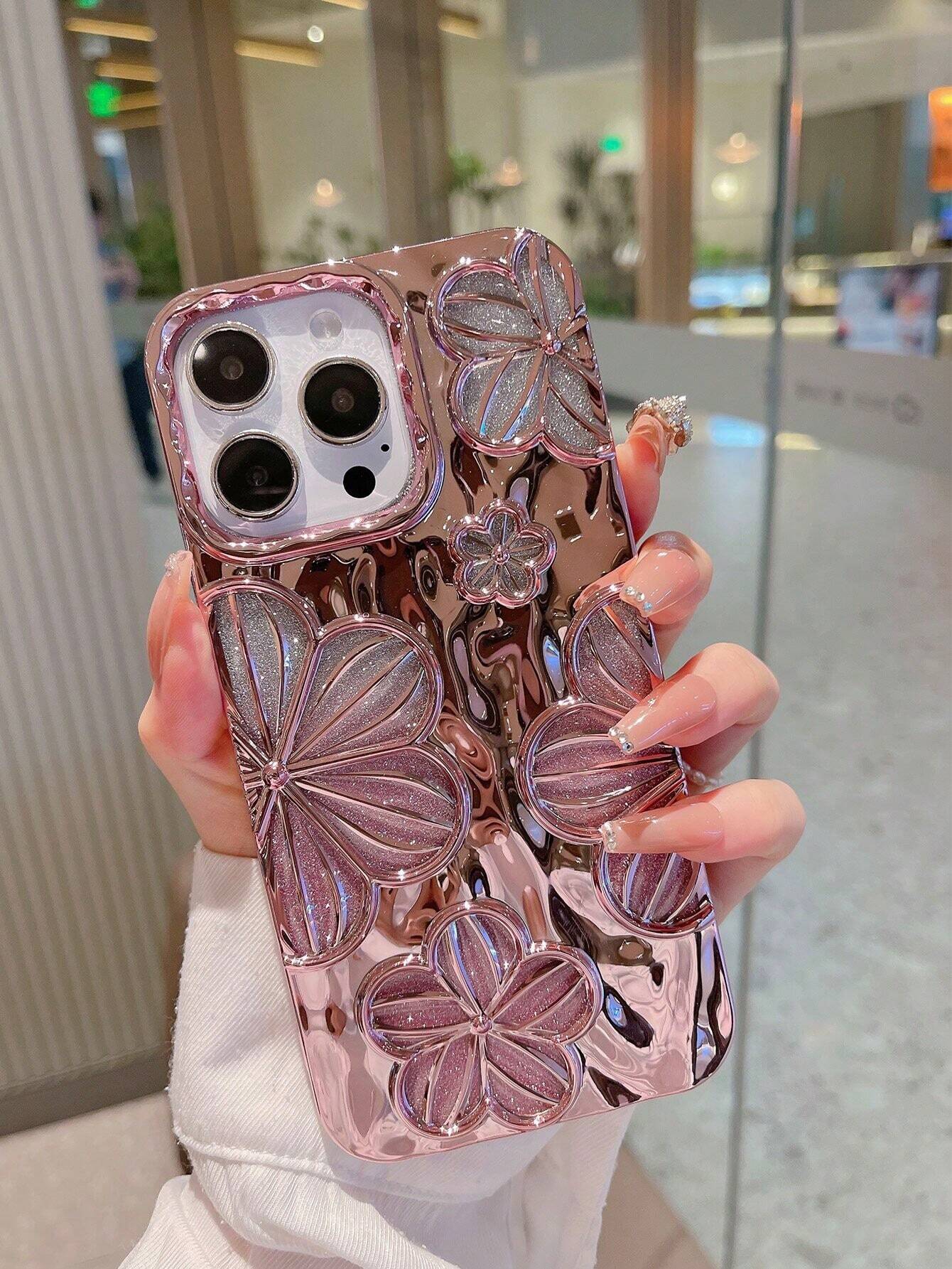 Minimalist TPU Fashion Flower Pattern Glitter Electroplated Retro Personalized 3D Painting Flower TPU Case Compatible With Iphone14 IPhone14Pro IPhone14Plus IPhone14ProMax IPhone15 IPhone15Pro IPhone1