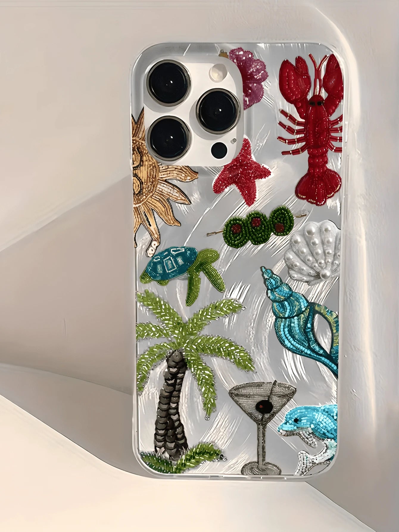 Minimalist TPU Marine Elements Shockproof 1pc Feather & Pearl Embroidered Palm Tree & Lobster Phone Case, Compatible With 17, 16, 15, 14, 13, 12, 11 Pro Max, Air, And Series, International Version, No