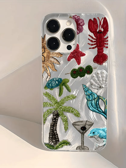 Minimalist TPU Marine Elements Shockproof 1pc Feather & Pearl Embroidered Palm Tree & Lobster Phone Case, Compatible With 17, 16, 15, 14, 13, 12, 11 Pro Max, Air, And Series, International Version, No