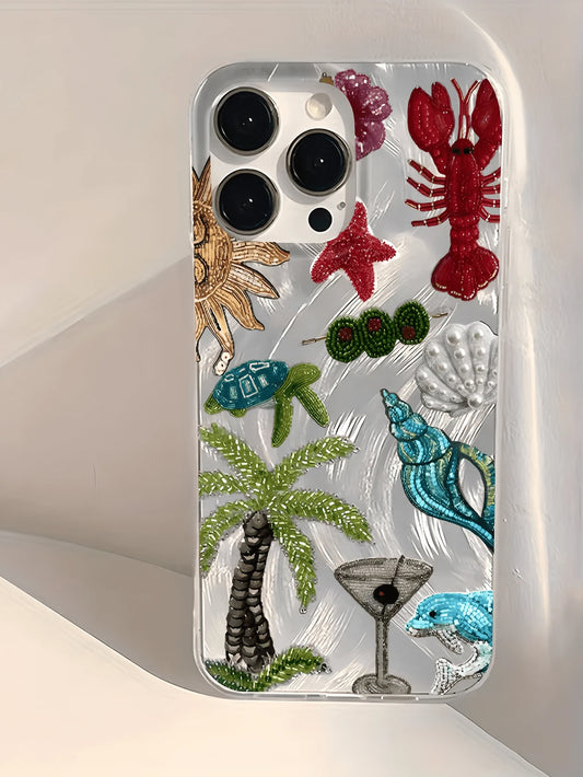 Minimalist TPU Marine Elements Shockproof 1pc Feather & Pearl Embroidered Palm Tree & Lobster Phone Case, Compatible With 17, 16, 15, 14, 13, 12, 11 Pro Max, Air, And Series, International Version, No