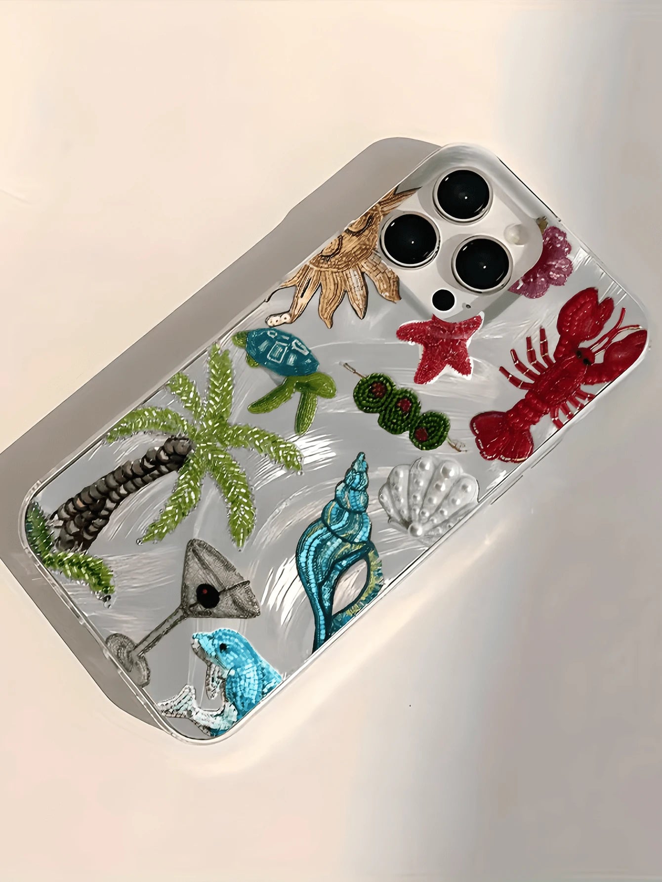 Minimalist TPU Marine Elements Shockproof 1pc Feather & Pearl Embroidered Palm Tree & Lobster Phone Case, Compatible With 17, 16, 15, 14, 13, 12, 11 Pro Max, Air, And Series, International Version, No