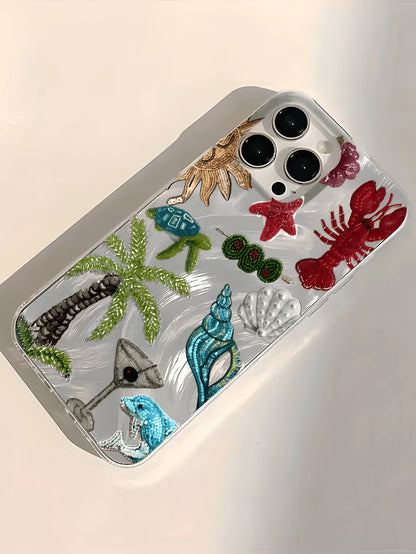 Minimalist TPU Marine Elements Shockproof 1pc Feather & Pearl Embroidered Palm Tree & Lobster Phone Case, Compatible With 17, 16, 15, 14, 13, 12, 11 Pro Max, Air, And Series, International Version, No
