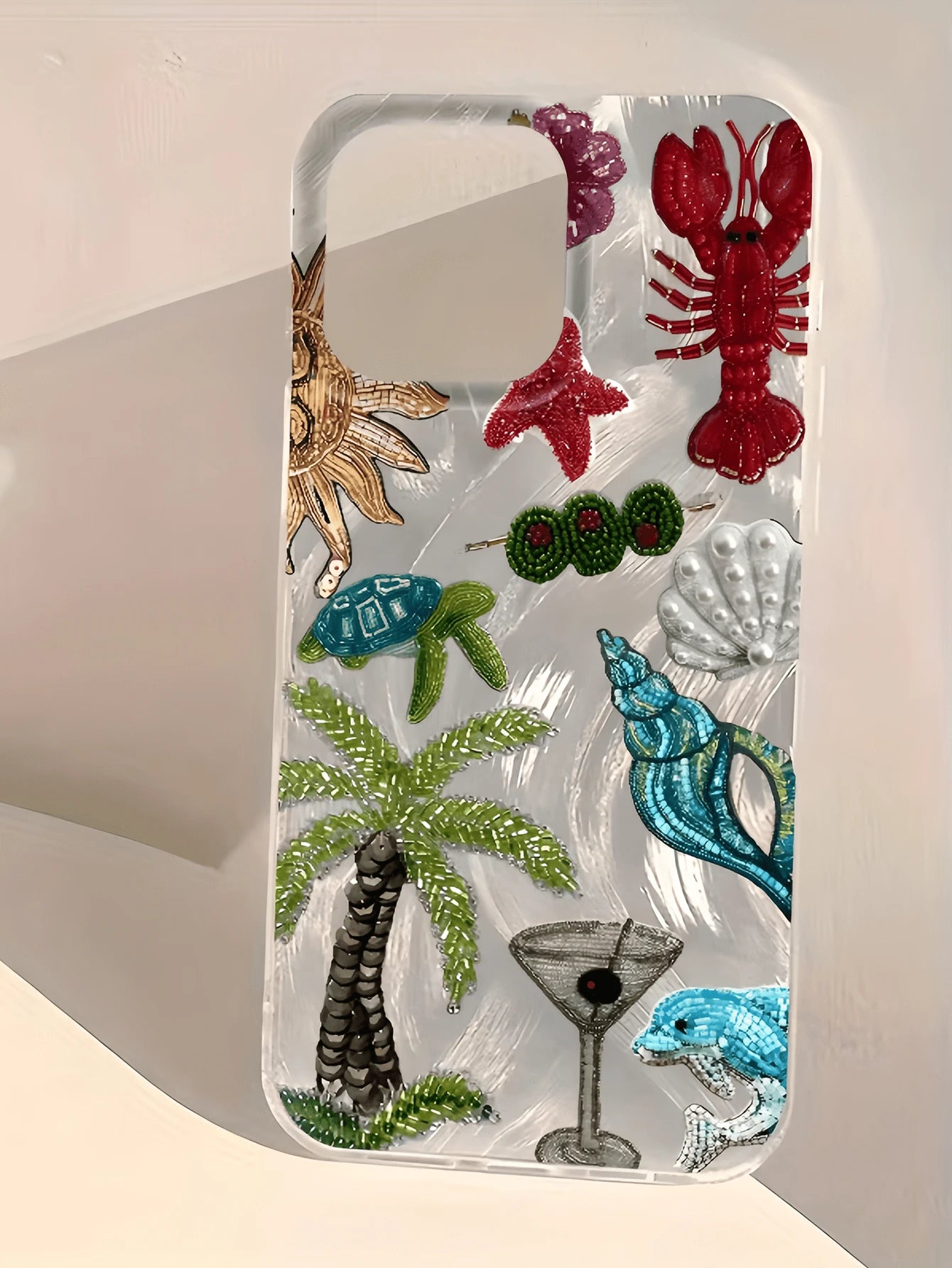 Minimalist TPU Marine Elements Shockproof 1pc Feather & Pearl Embroidered Palm Tree & Lobster Phone Case, Compatible With 17, 16, 15, 14, 13, 12, 11 Pro Max, Air, And Series, International Version, No