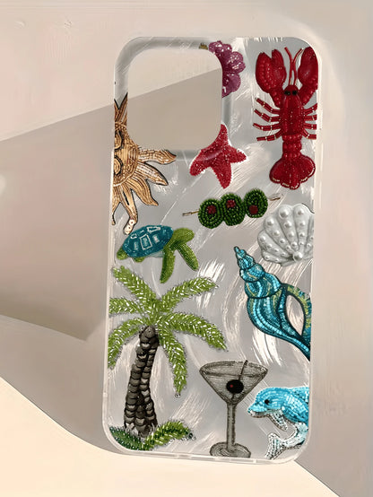 Minimalist TPU Marine Elements Shockproof 1pc Feather & Pearl Embroidered Palm Tree & Lobster Phone Case, Compatible With 17, 16, 15, 14, 13, 12, 11 Pro Max, Air, And Series, International Version, No