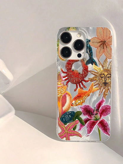 Minimalist TPU Marine Elements Shockproof 1pc Feather & Pearl Embroidered Palm Tree & Lobster Phone Case, Compatible With 17, 16, 15, 14, 13, 12, 11 Pro Max, Air, And Series, International Version, No