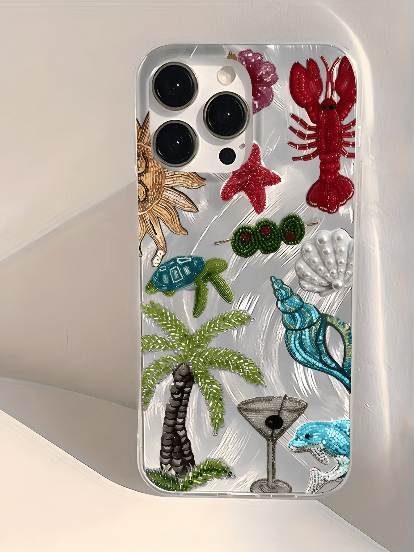 Minimalist TPU Marine Elements Shockproof 1pc Feather & Pearl Embroidered Palm Tree & Lobster Phone Case, Compatible With 17, 16, 15, 14, 13, 12, 11 Pro Max, Air, And Series, International Version, No
