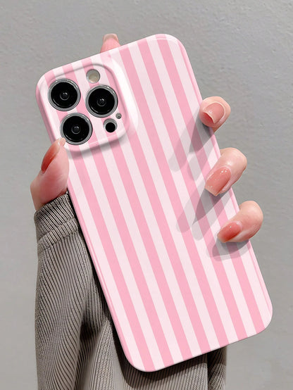 Minimalist White Pink Stripe Pattern Fashion Glossy Perforated Plastic Hard Phone Case 1pc Compatible With IPhone 11/12/13/14/15/16 Pro Max Waterproof Shockproof Anti-Fall Scratch Resistant Spring Bir