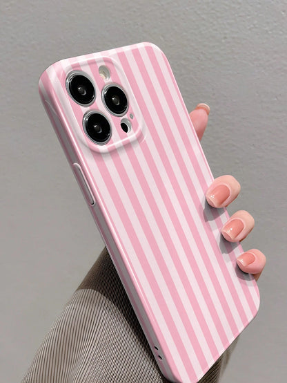 Minimalist White Pink Stripe Pattern Fashion Glossy Perforated Plastic Hard Phone Case 1pc Compatible With IPhone 11/12/13/14/15/16 Pro Max Waterproof Shockproof Anti-Fall Scratch Resistant Spring Bir