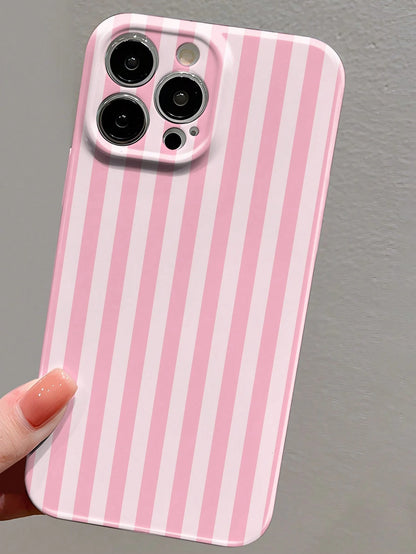 Minimalist White Pink Stripe Pattern Fashion Glossy Perforated Plastic Hard Phone Case 1pc Compatible With IPhone 11/12/13/14/15/16 Pro Max Waterproof Shockproof Anti-Fall Scratch Resistant Spring Bir