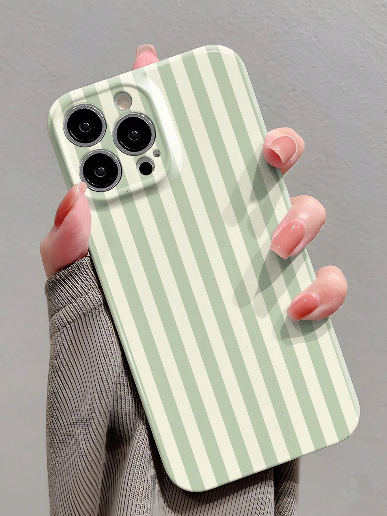 Minimalist White Pink Stripe Pattern Fashion Glossy Perforated Plastic Hard Phone Case 1pc Compatible With IPhone 11/12/13/14/15/16 Pro Max Waterproof Shockproof Anti-Fall Scratch Resistant Spring Bir