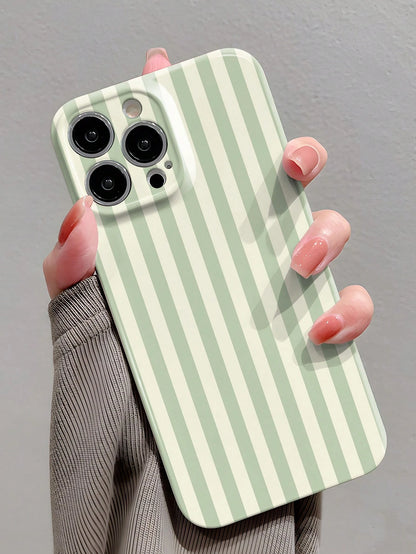 Minimalist White Pink Stripe Pattern Fashion Glossy Perforated Plastic Hard Phone Case 1pc Compatible With IPhone 11/12/13/14/15/16 Pro Max Waterproof Shockproof Anti-Fall Scratch Resistant Spring Bir