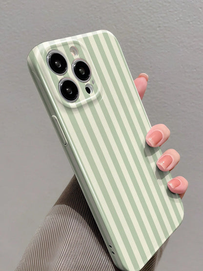 Minimalist White Pink Stripe Pattern Fashion Glossy Perforated Plastic Hard Phone Case 1pc Compatible With IPhone 11/12/13/14/15/16 Pro Max Waterproof Shockproof Anti-Fall Scratch Resistant Spring Bir