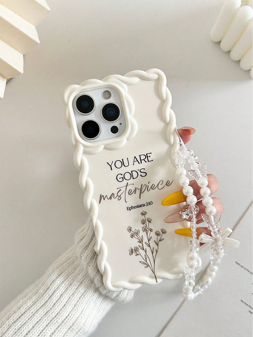 Minimalist White Slogan Element TPU Pearl Bow Element Novelty Shock-Proof Lanyard Woven Wavy Edge High-End Floral Branch Text Line YOU ARE GOD'S Masterpiece Colorful Painting Phone Case, Comes With De