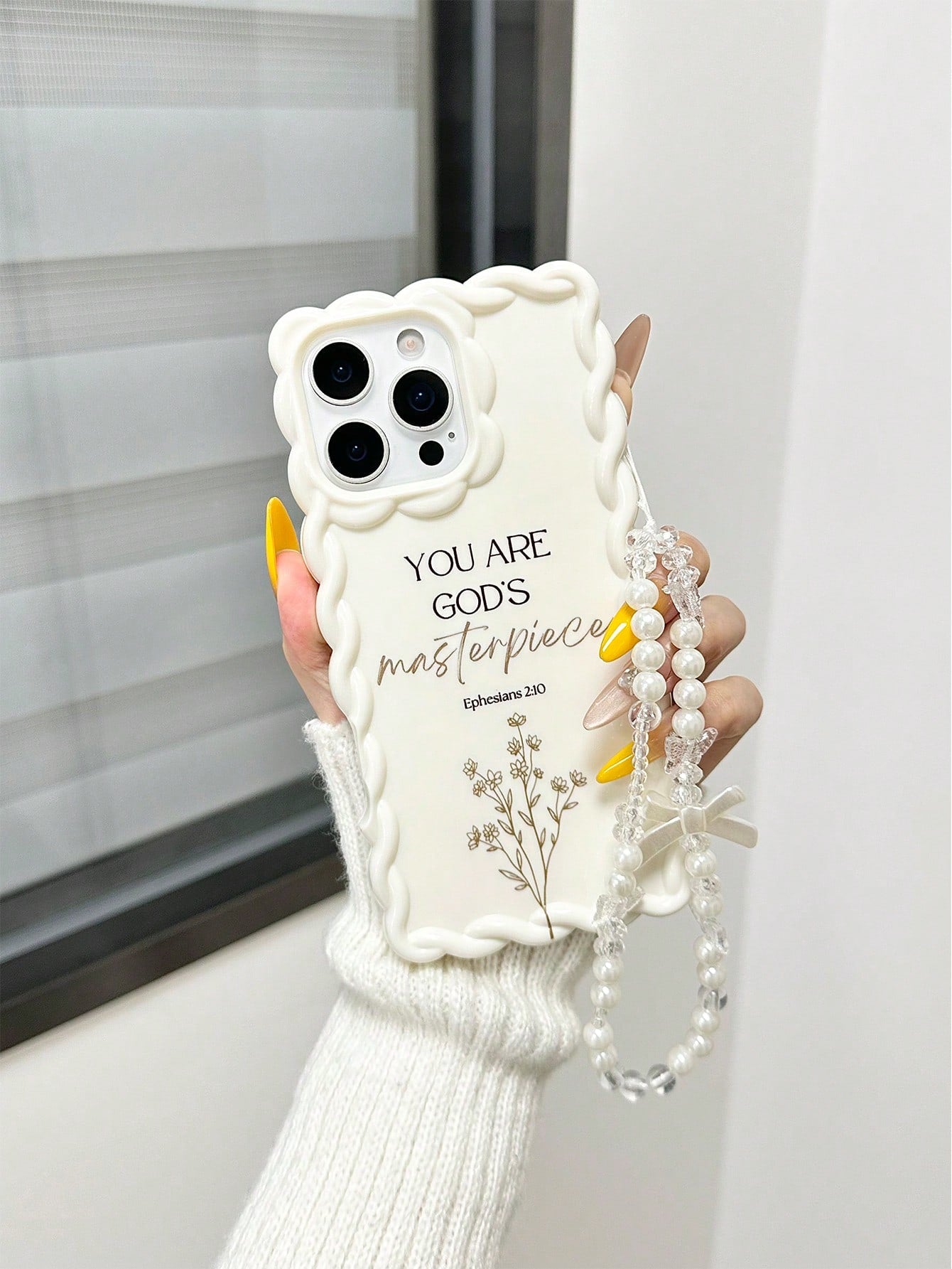 Minimalist White Slogan Element TPU Pearl Bow Element Novelty Shock-Proof Lanyard Woven Wavy Edge High-End Floral Branch Text Line YOU ARE GOD'S Masterpiece Colorful Painting Phone Case, Comes With De