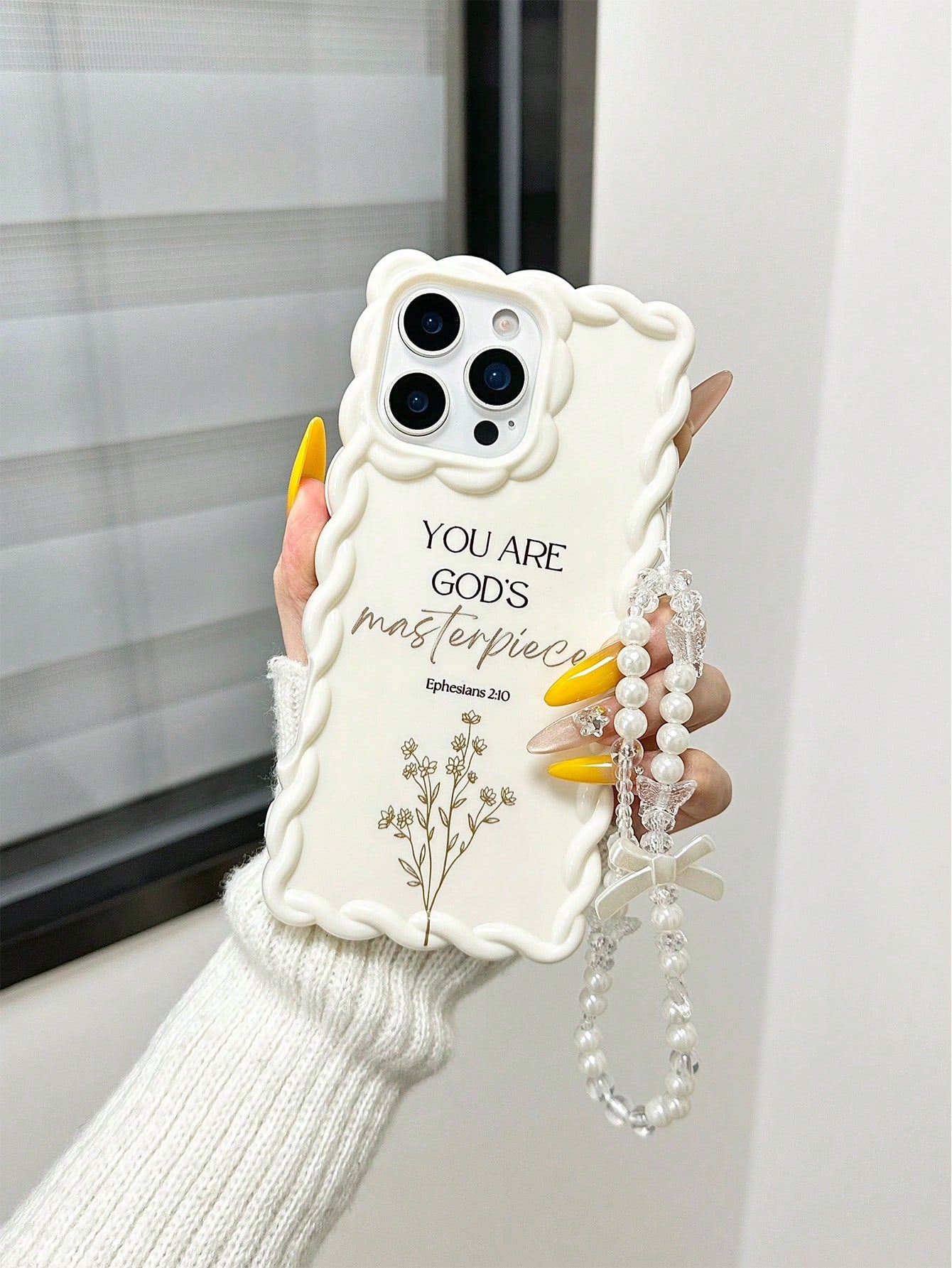 Minimalist White Slogan Element TPU Pearl Bow Element Novelty Shock-Proof Lanyard Woven Wavy Edge High-End Floral Branch Text Line YOU ARE GOD'S Masterpiece Colorful Painting Phone Case, Comes With De