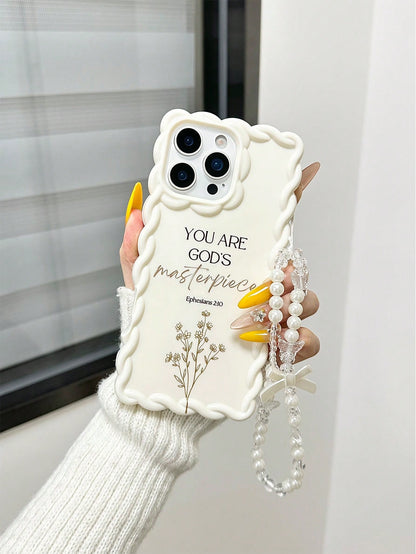 Minimalist White Slogan Element TPU Pearl Bow Element Novelty Shock-Proof Lanyard Woven Wavy Edge High-End Floral Branch Text Line YOU ARE GOD'S Masterpiece Colorful Painting Phone Case, Comes With De