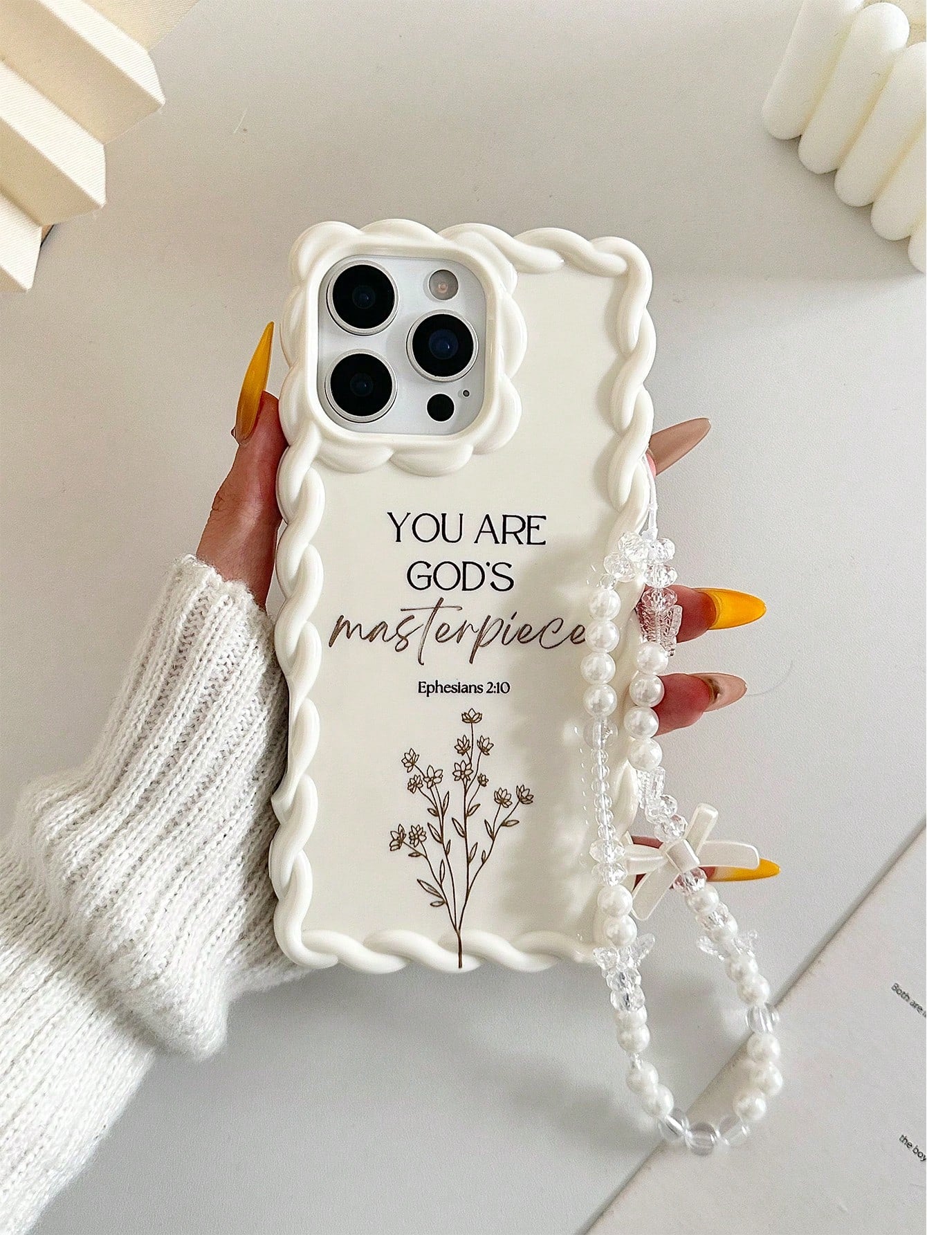 Minimalist White Slogan Element TPU Pearl Bow Element Novelty Shock-Proof Lanyard Woven Wavy Edge High-End Floral Branch Text Line YOU ARE GOD'S Masterpiece Colorful Painting Phone Case, Comes With De