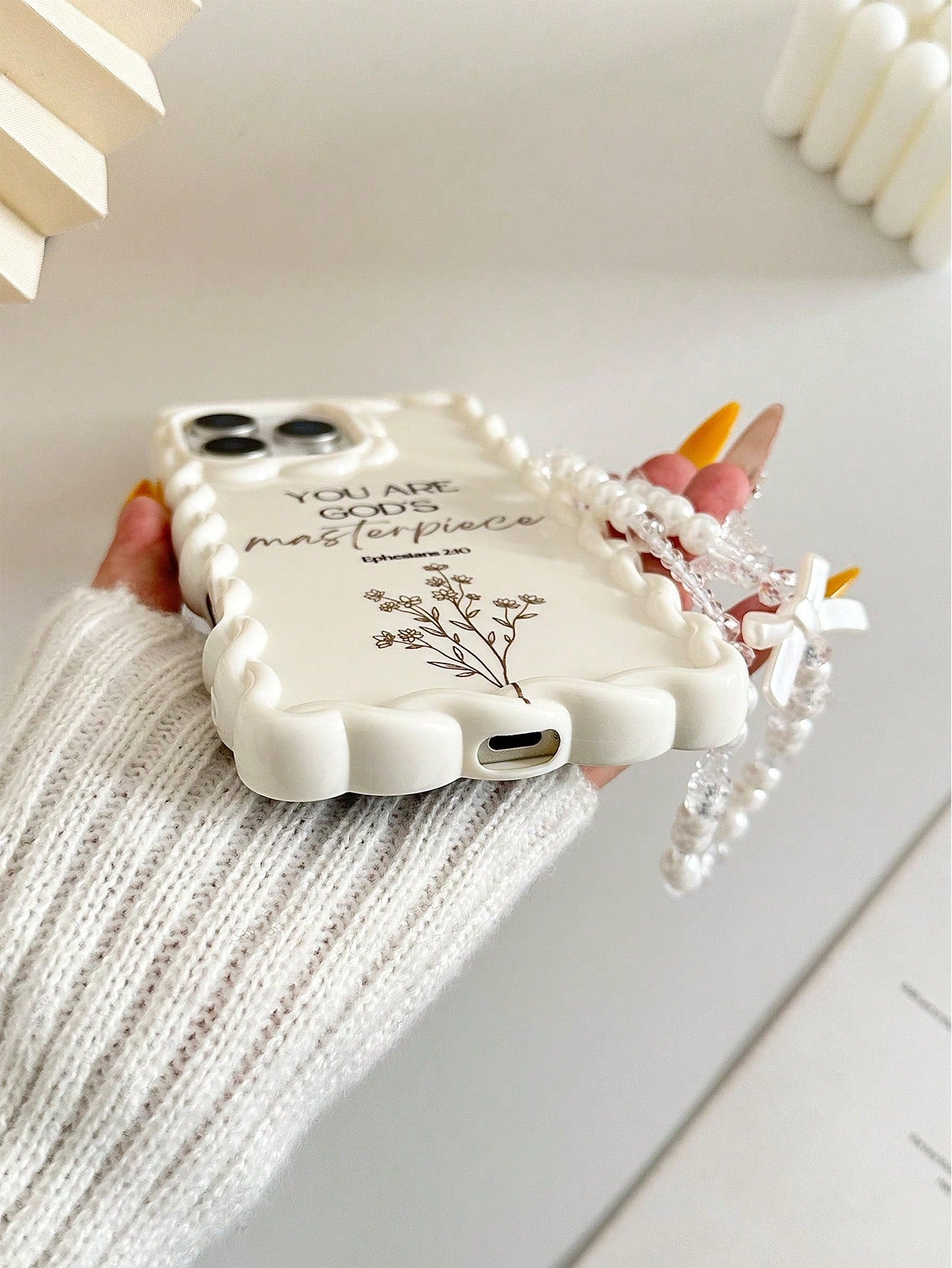 Minimalist White Slogan Element TPU Pearl Bow Element Novelty Shock-Proof Lanyard Woven Wavy Edge High-End Floral Branch Text Line YOU ARE GOD'S Masterpiece Colorful Painting Phone Case, Comes With De