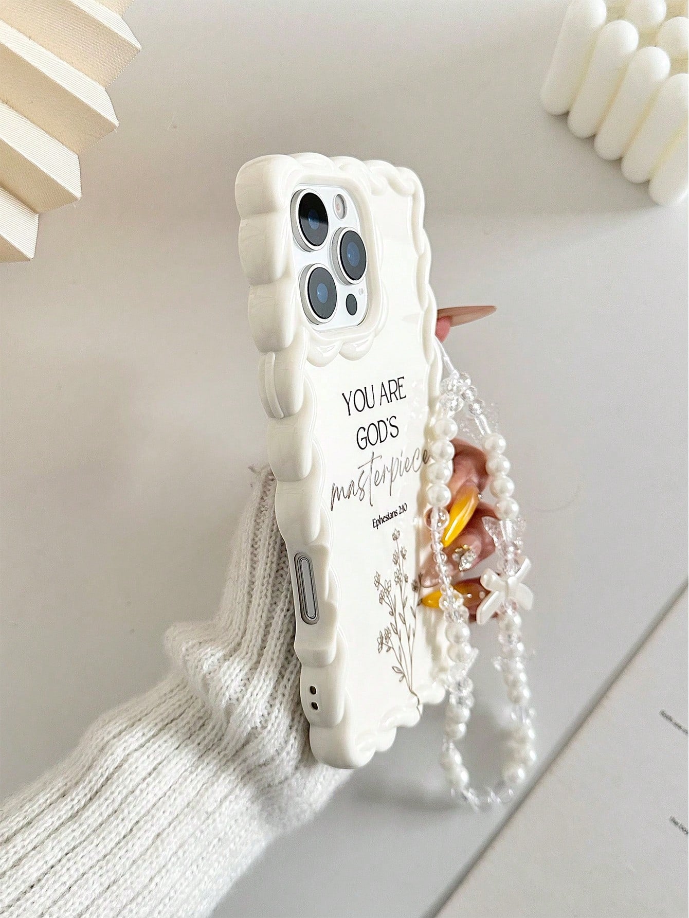 Minimalist White Slogan Element TPU Pearl Bow Element Novelty Shock-Proof Lanyard Woven Wavy Edge High-End Floral Branch Text Line YOU ARE GOD'S Masterpiece Colorful Painting Phone Case, Comes With De
