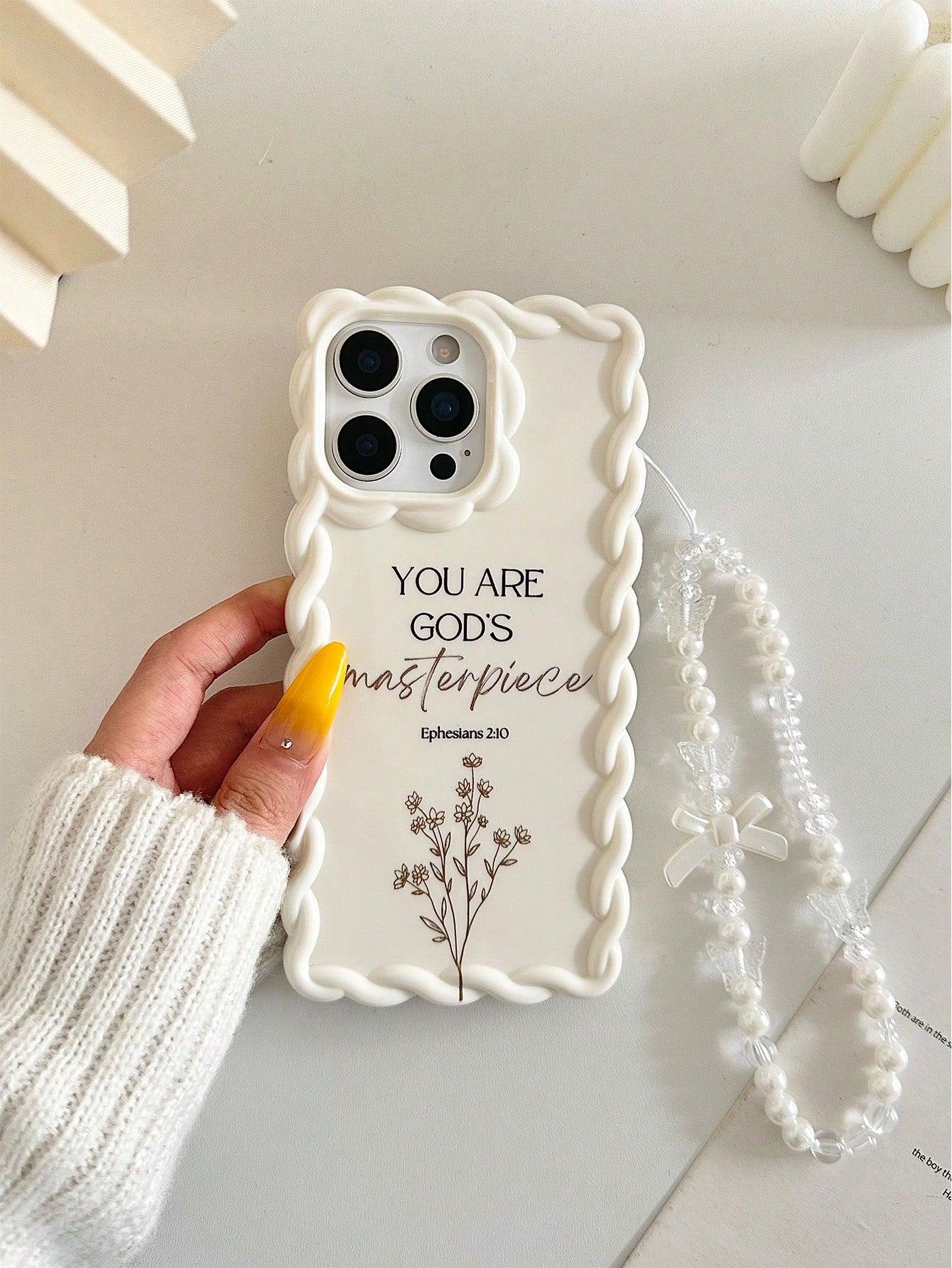 Minimalist White Slogan Element TPU Pearl Bow Element Novelty Shock-Proof Lanyard Woven Wavy Edge High-End Floral Branch Text Line YOU ARE GOD'S Masterpiece Colorful Painting Phone Case, Comes With De