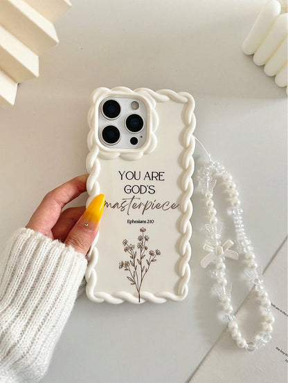 Minimalist White Slogan Element TPU Pearl Bow Element Novelty Shock-Proof Lanyard Woven Wavy Edge High-End Floral Branch Text Line YOU ARE GOD'S Masterpiece Colorful Painting Phone Case, Comes With De