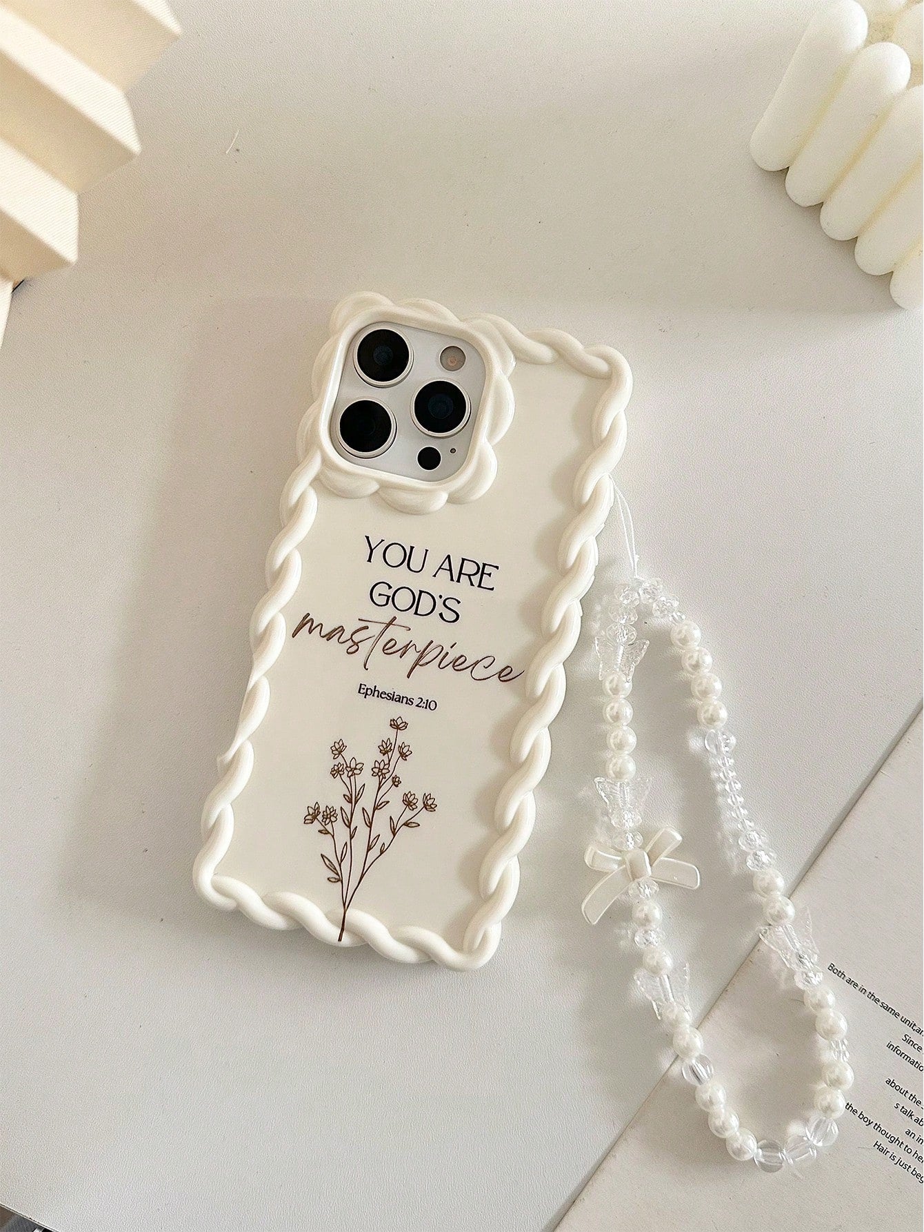 Minimalist White Slogan Element TPU Pearl Bow Element Novelty Shock-Proof Lanyard Woven Wavy Edge High-End Floral Branch Text Line YOU ARE GOD'S Masterpiece Colorful Painting Phone Case, Comes With De