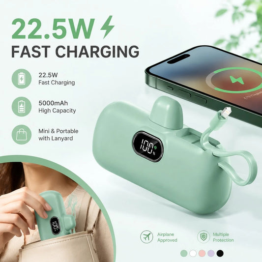 Mint 5000mAh Pocket Power Bank With Lightning Plug, USB-C Cable And 22.5W Fast Charging, Featuring A Visible Charge Percentage Display, Rounded Mint Shell And Lanyard For Quick Access, Compatible With