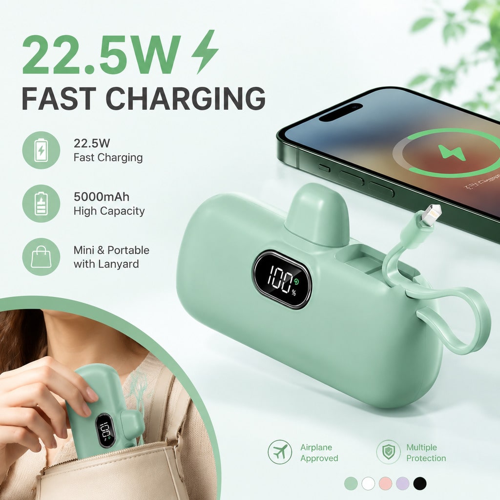 Mint 5000mAh Pocket Power Bank With Lightning Plug, USB-C Cable And 22.5W Fast Charging, Featuring A Visible Charge Percentage Display, Rounded Mint Shell And Lanyard For Quick Access, Compatible With