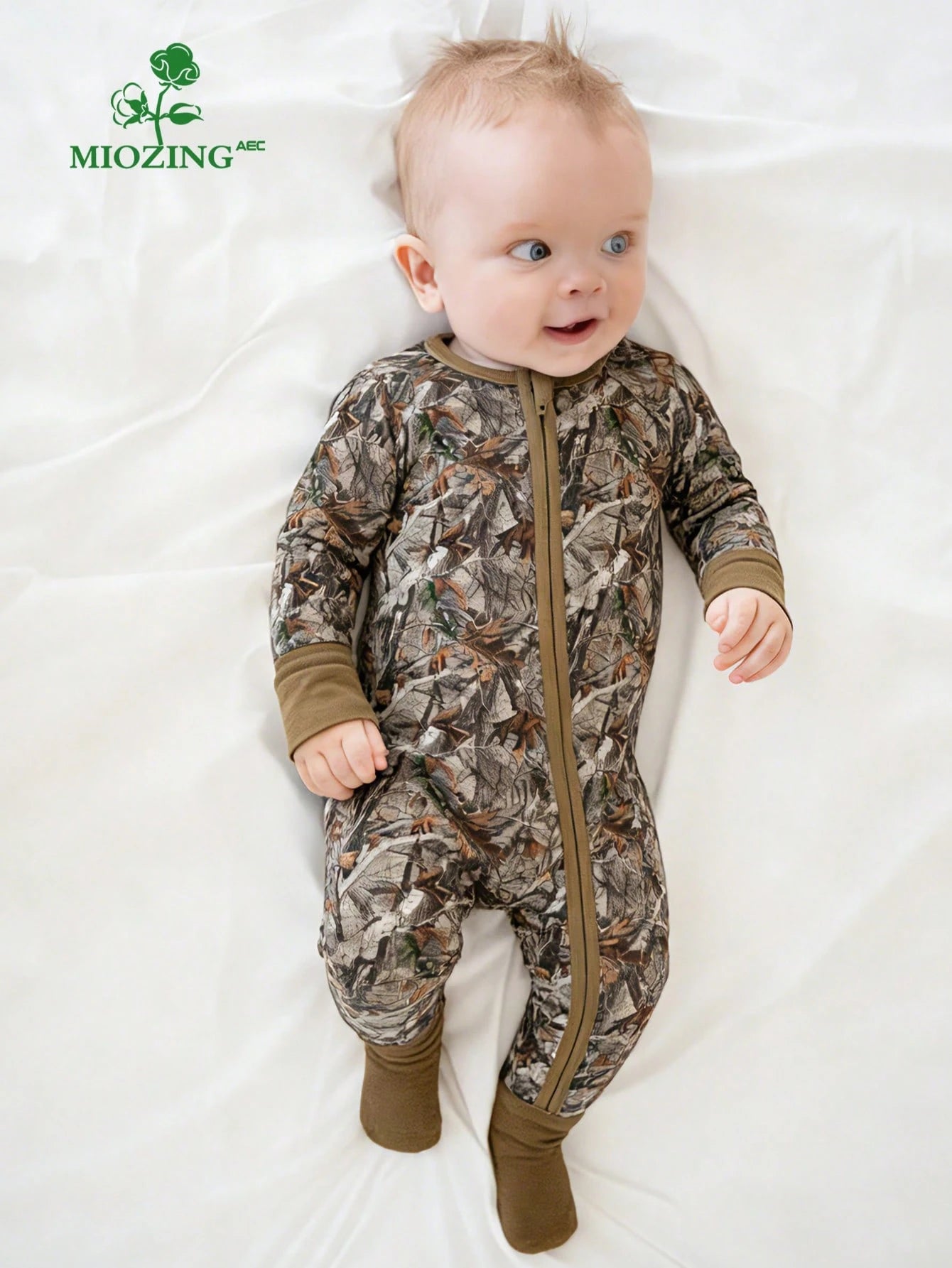 MIOZING Camouflage Print Baby Romper, Brown Trim Bamboo Zipper Jumpsuit, Long Sleeve Outfit, All Season Daily Wear&Photo Outfit For Baby Boys/Girls