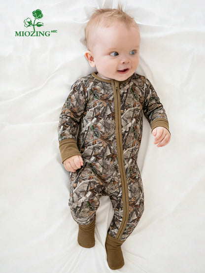 MIOZING Camouflage Print Baby Romper, Brown Trim Bamboo Zipper Jumpsuit, Long Sleeve Outfit, All Season Daily Wear&Photo Outfit For Baby Boys/Girls