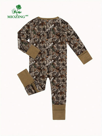 MIOZING Camouflage Print Baby Romper, Brown Trim Bamboo Zipper Jumpsuit, Long Sleeve Outfit, All Season Daily Wear&Photo Outfit For Baby Boys/Girls