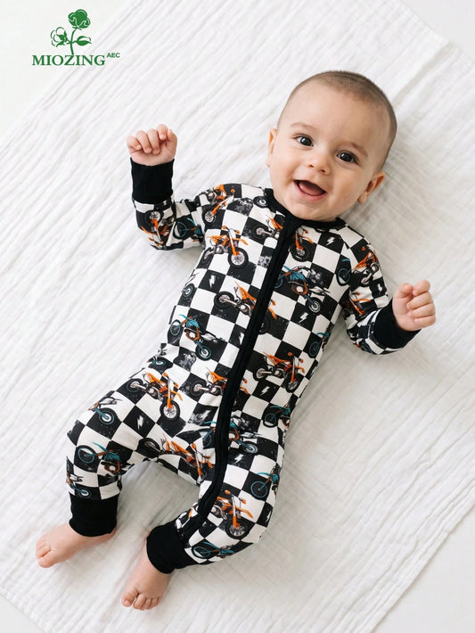 MIOZING Motorcycle Printed Two-Way Zip Romper, Long Sleeve Infant Jumpsuit, Daily Outdoor Casual Outfit, Breathable Bamboo Fiber Fabric For Baby Boys