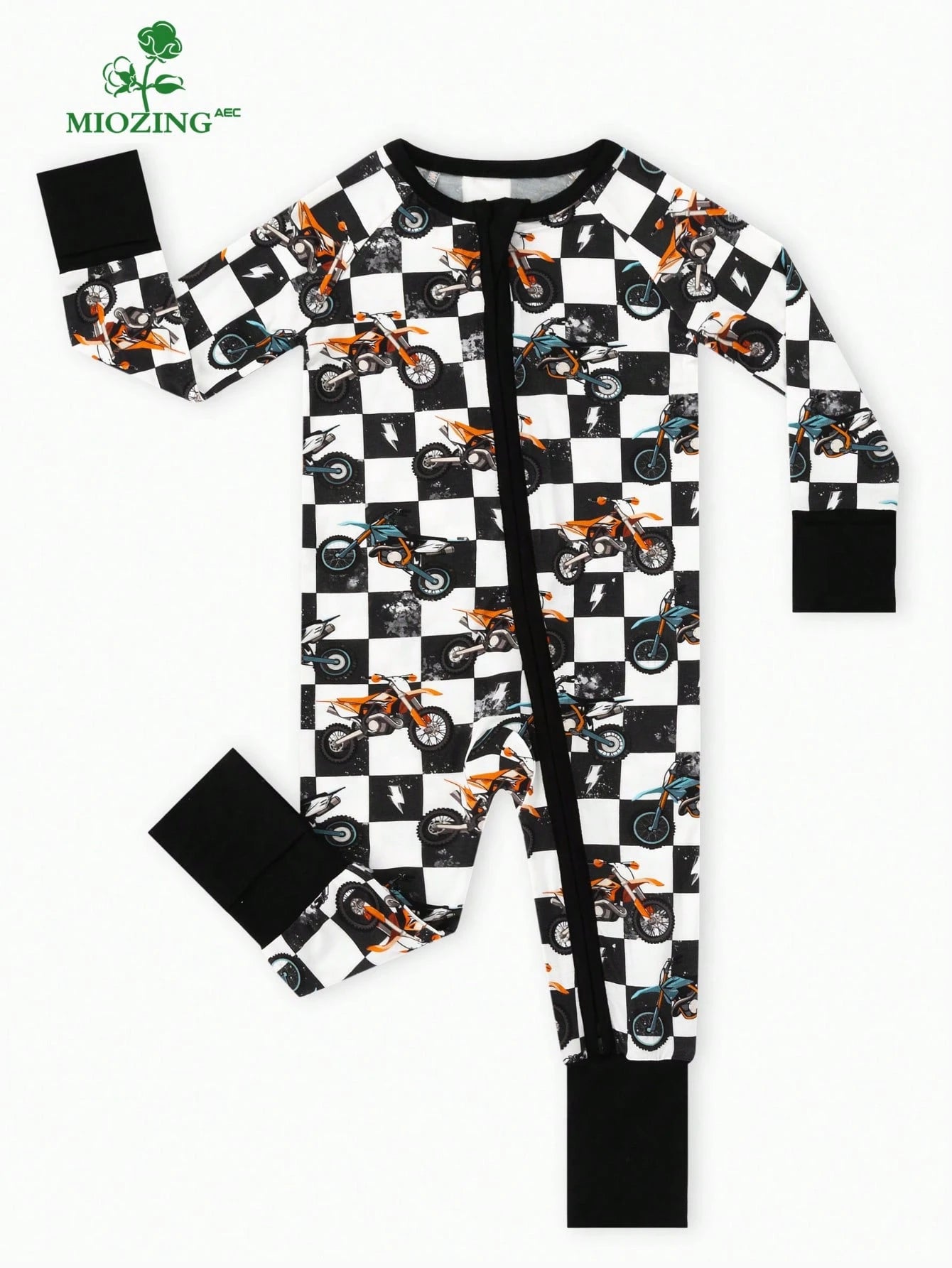 MIOZING Motorcycle Printed Two-Way Zip Romper, Long Sleeve Infant Jumpsuit, Daily Outdoor Casual Outfit, Breathable Bamboo Fiber Fabric For Baby Boys