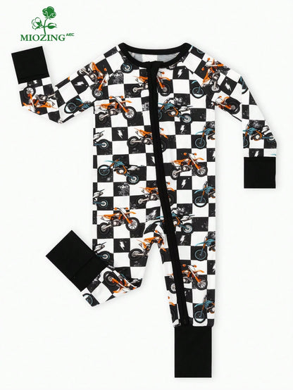 MIOZING Motorcycle Printed Two-Way Zip Romper, Long Sleeve Infant Jumpsuit, Daily Outdoor Casual Outfit, Breathable Bamboo Fiber Fabric For Baby Boys