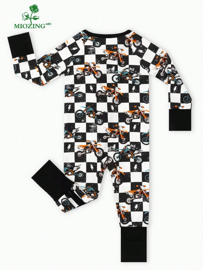 MIOZING Motorcycle Printed Two-Way Zip Romper, Long Sleeve Infant Jumpsuit, Daily Outdoor Casual Outfit, Breathable Bamboo Fiber Fabric For Baby Boys