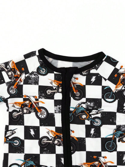 MIOZING Motorcycle Printed Two-Way Zip Romper, Long Sleeve Infant Jumpsuit, Daily Outdoor Casual Outfit, Breathable Bamboo Fiber Fabric For Baby Boys